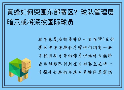 黄蜂如何突围东部赛区？球队管理层暗示或将深挖国际球员