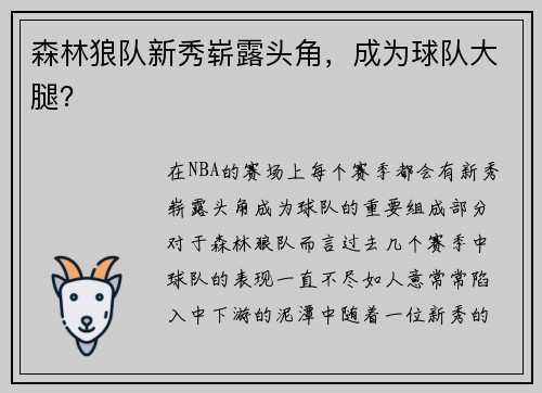 森林狼队新秀崭露头角,成为球队大腿?